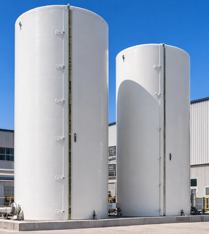 Above ground fiberglass water storage tank in service