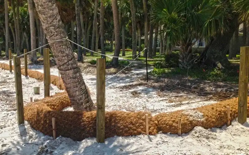 Beachfront erosion control using coir logs supported by wooden posts and ropes, protecting the shoreline from erosion.