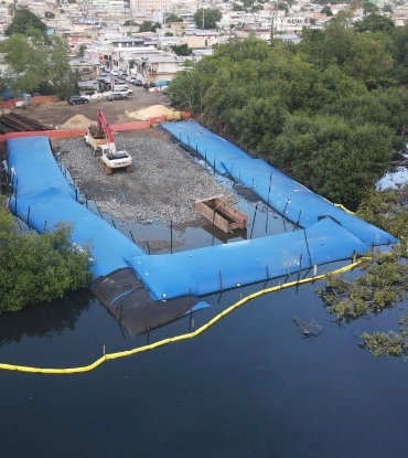 water barrier bordering a construction site