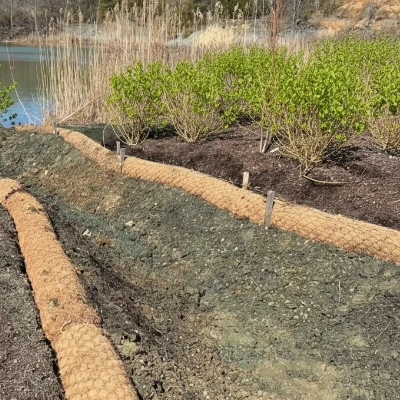 Coir logs installed along a rocky shoreline for erosion control and bank stabilization