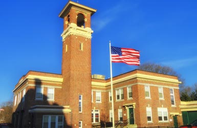 municipal building with flag