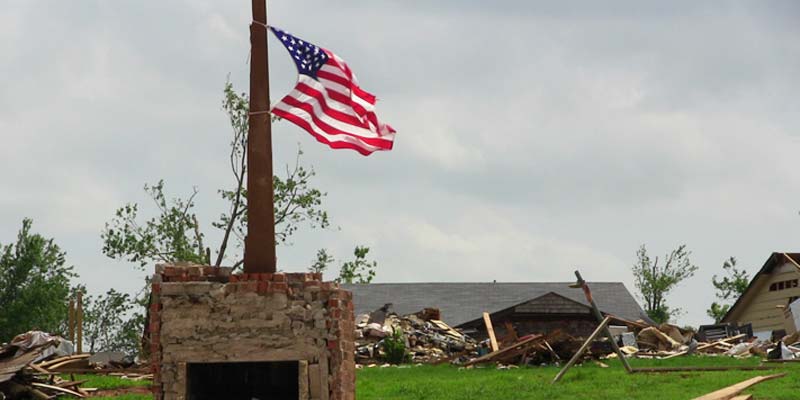 tornado damage with flag